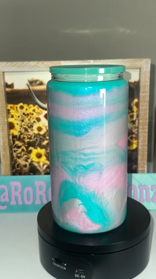 16oz Glass Green & Pink Shimmer Swirk Paint Cup