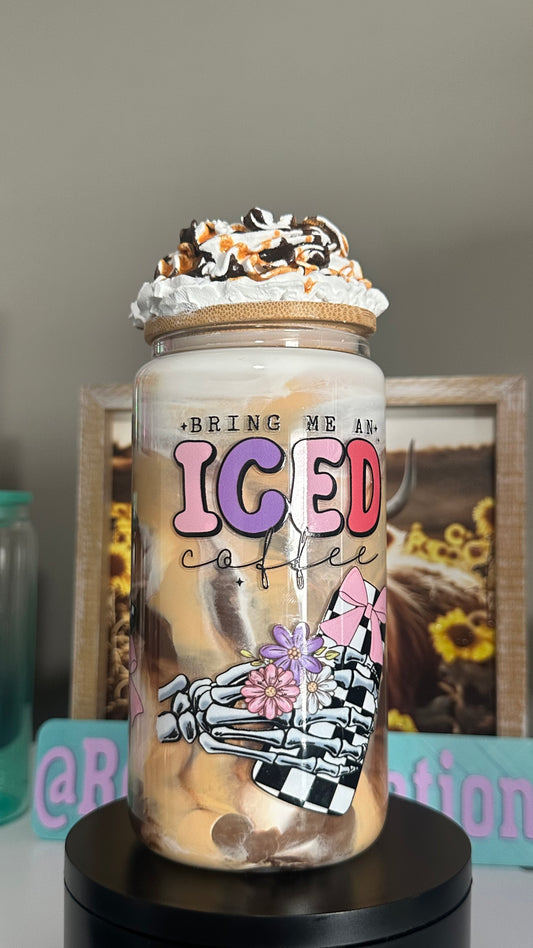16oz Iced Coffee Swirl Glass Paint cup with Whipped lid