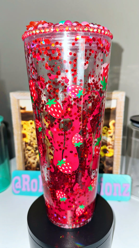 24oz Acrylic Holographic Strawberry Drip Cup with Decorated Lid